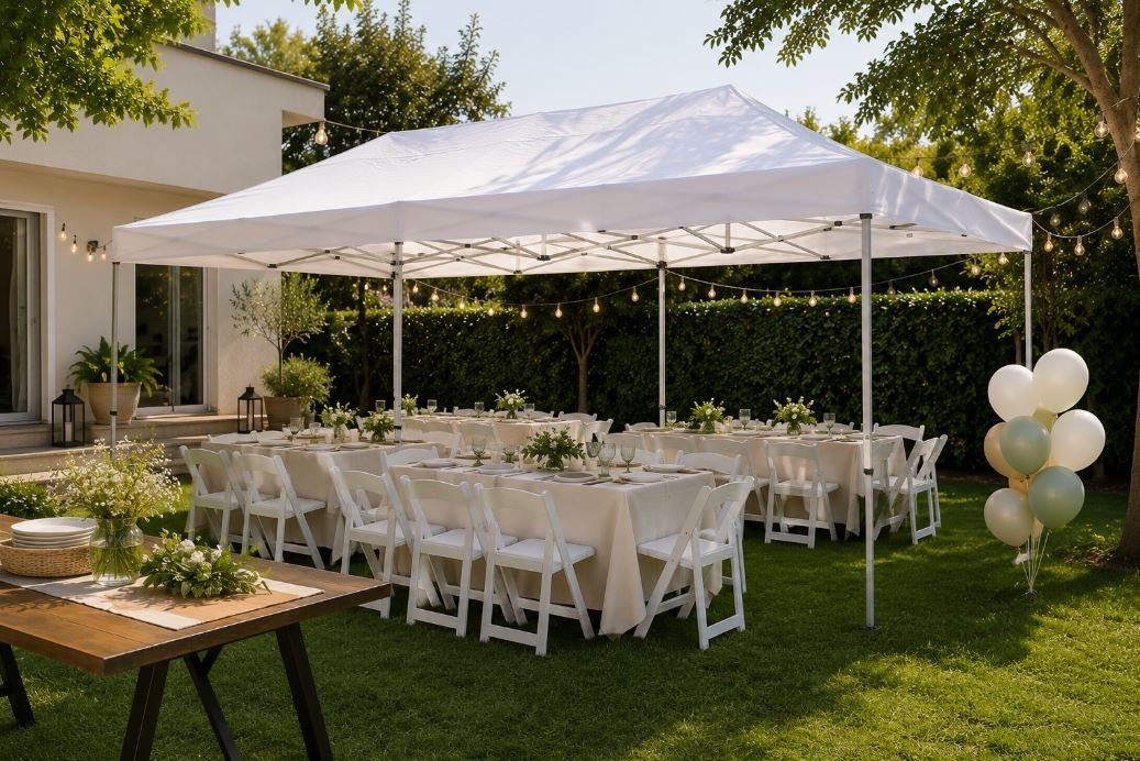 Montaje completo de carpa, mesas y sillas para una recepción