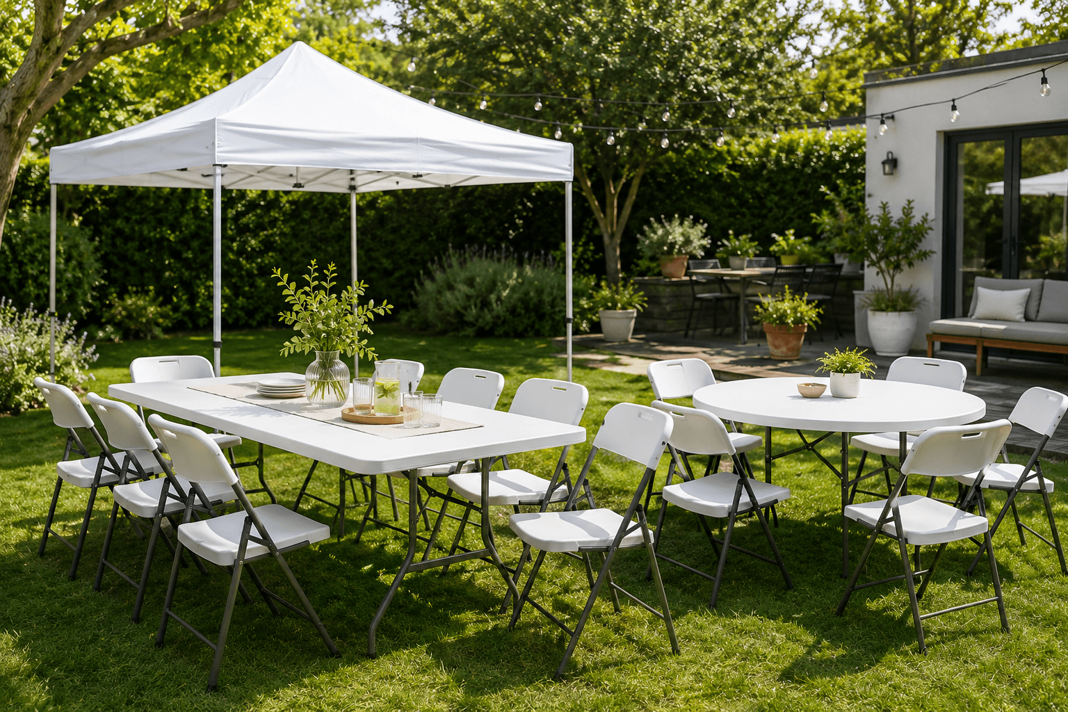 Carpas y mobiliario montados para un evento de empresa en terraza
