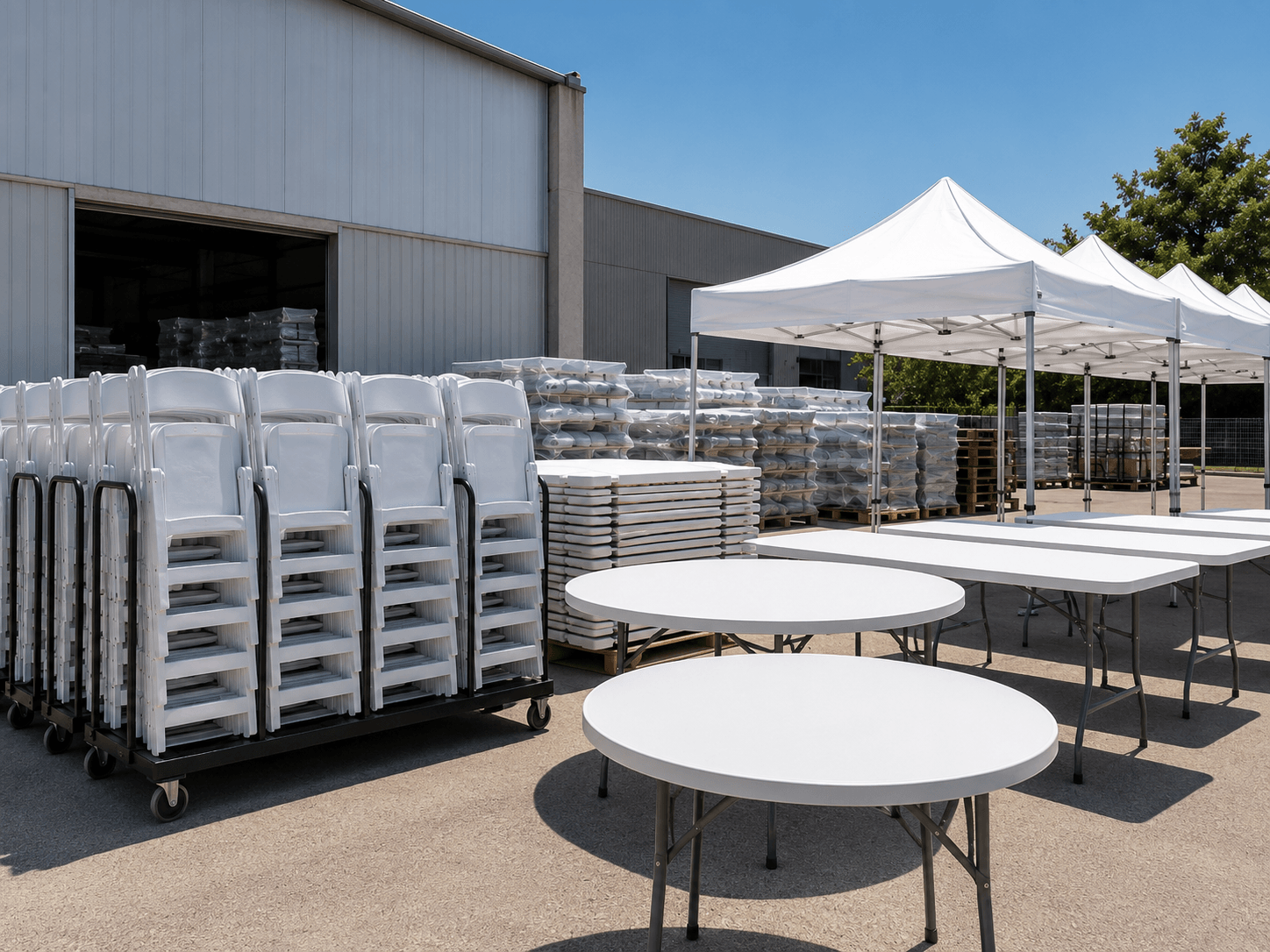 Stock propio de carpas, mesas y sillas preparado para grandes montajes